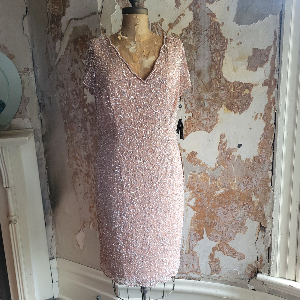 NWT Adrianna Papell Elegant Rose Gold Sequin Dress